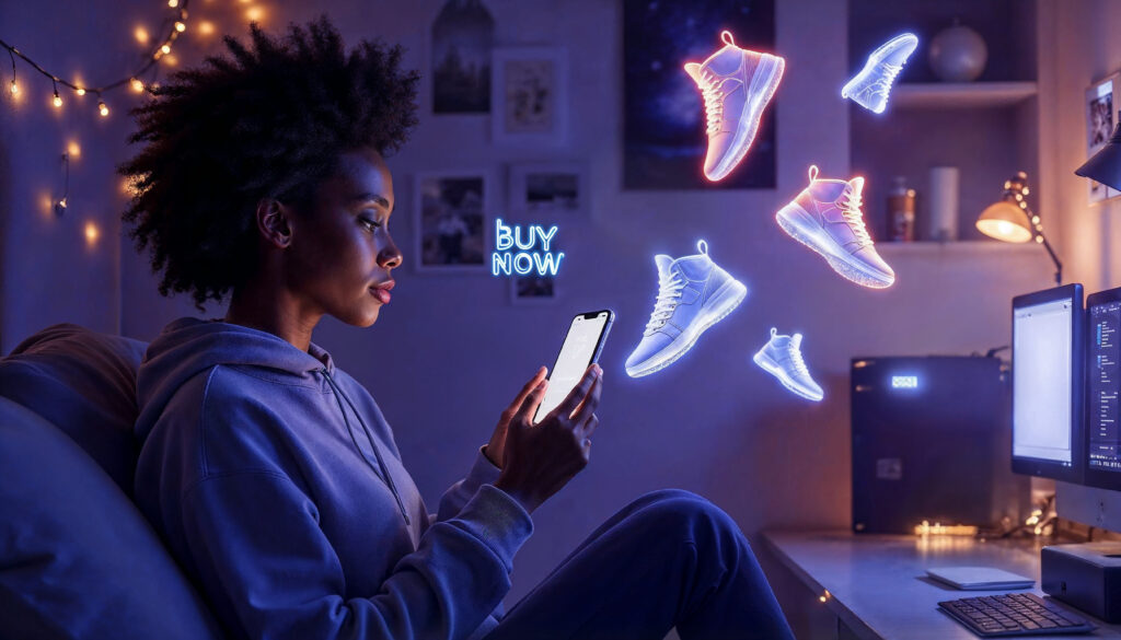 Mulher vendo celular com Inteligência artifical para ecommerce