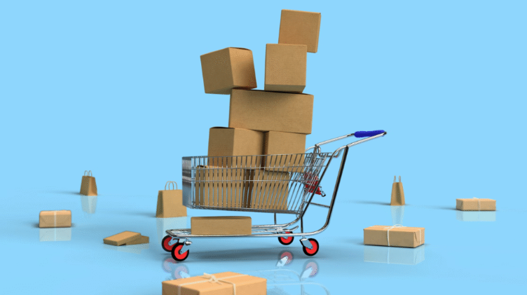 Carrinho de compras superlotado de caixas de entrega, simbolizando alto volume de pedidos ou compras online, com pacotes adicionais espalhados no chão.