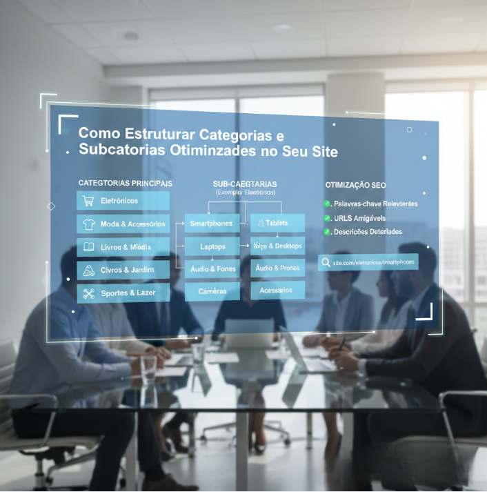 Diagrama translúcido flutuando sobre uma sala de reuniões, com o título 'Como Estruturar Categorias e Subcategorias Otimizadas no Seu Site'. O diagrama mostra três colunas. A primeira, 'CATEGORIAS PRINCIPAIS', lista 'Eletrônicos', 'Moda & Acessórios', 'Livros & Mídia', 'Casa & Jardim', 'Esportes & Lazer'. A segunda, 'SUB-CATEGORIAS (Exemplo: Eletrônicos)', tem setas apontando de 'Eletrônicos' para 'Smartphones', 'Tablets', 'Laptops', 'Acessórios & Desktops', 'Áudio & Fones', 'Áudio & Prones', 'Câmeras', 'Acessórios'. A terceira coluna, 'OTIMIZAÇÃO SEO', lista 'Palavras-chave Relevantes', 'URLs Amigáveis', 'Descrições Detalhadas'. Abaixo, um exemplo de URL 'site.com/eletronicos/smartphones'. No fundo desfocado, pessoas em uma reunião de negócios.