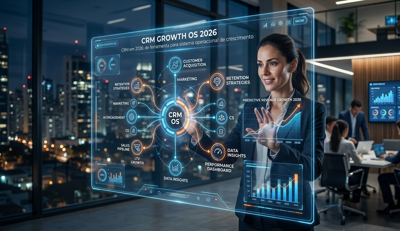 Uma executiva de negócios sorridente em um escritório moderno à noite, interagindo com uma grande interface holográfica flutuante e transparente intitulada 'CRM GROWTH OS 2026'. A interface exibe gráficos de dados complexos e interconectados com a legenda 'CRM em 2026: de ferramenta para sistema operacional de crescimento', mostrando nós para Aquisição de Clientes, Marketing, Retenção e Crescimento de LTV.